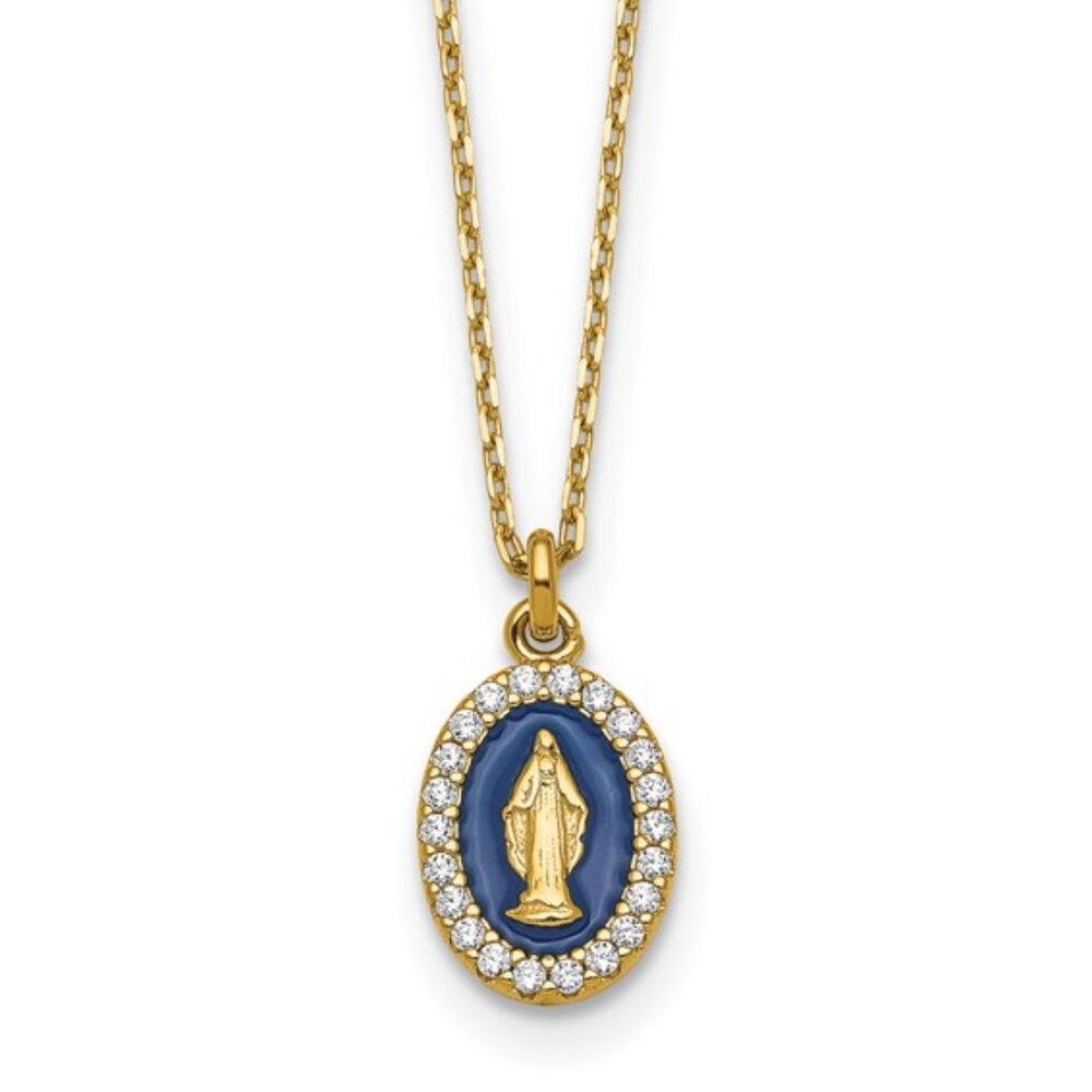 925 Sterling Silver GP CZ & Blue Enamel Miraculous Medal Charm 15.75" Necklace
